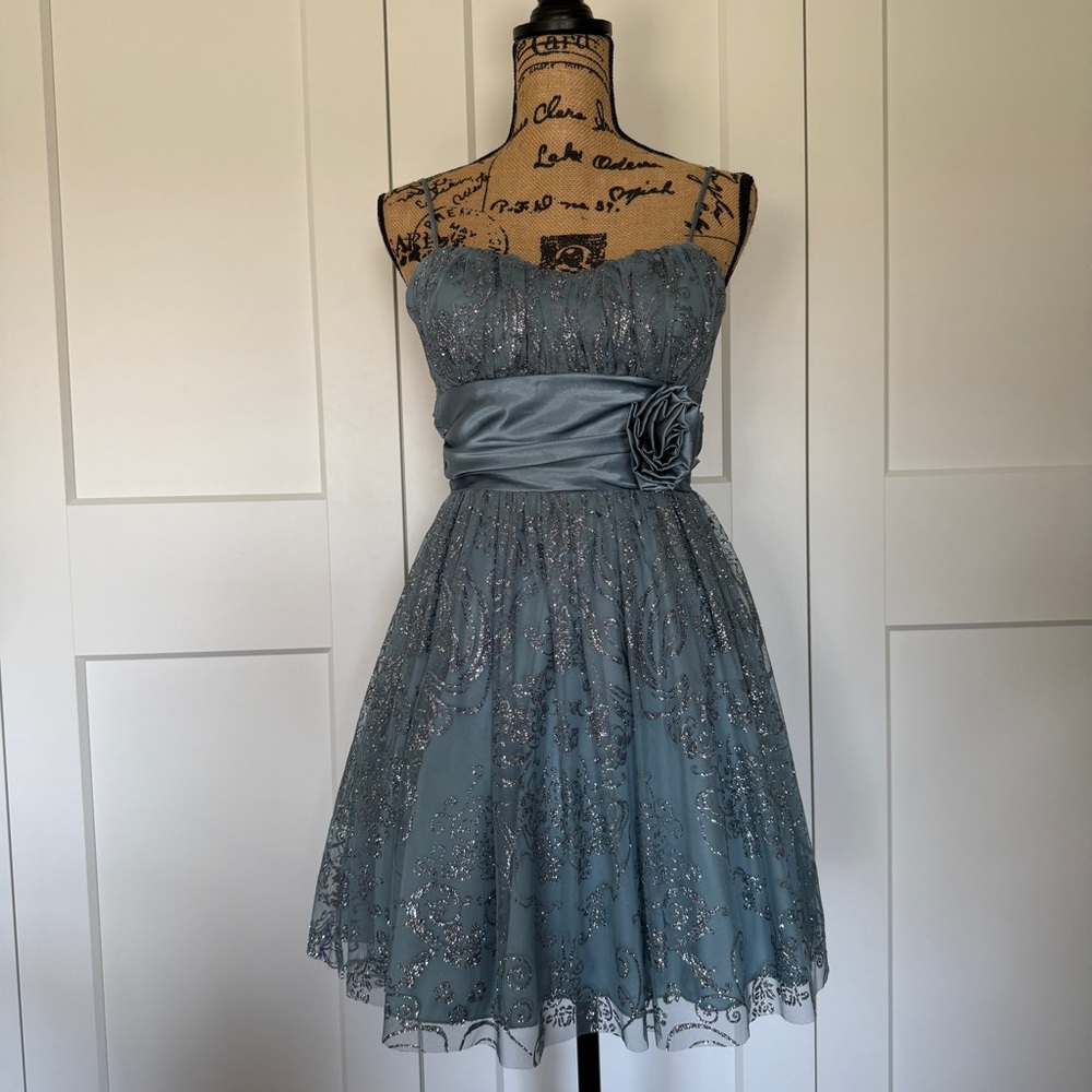 B. Smart Slate Blue Sparkle Tulle Rosette A-Line Formal Dress